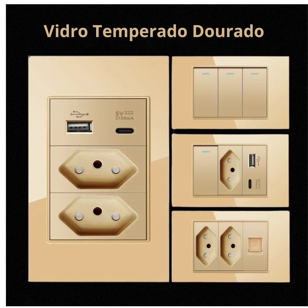 Conjunto de Interruptor 4x2 - Linha Vidro Dourado