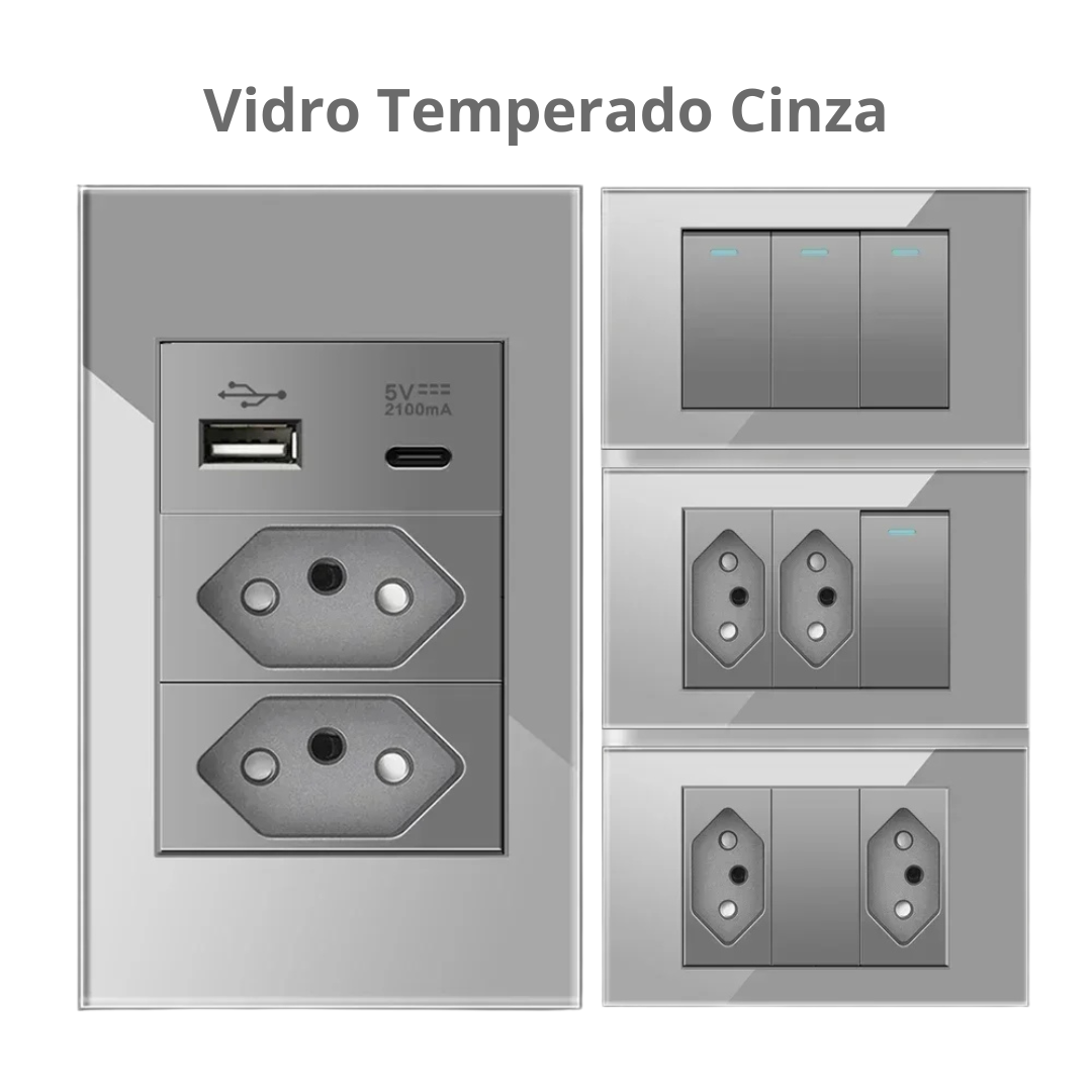 Conjunto de Interruptor 4x2 - Linha Vidro Cinza