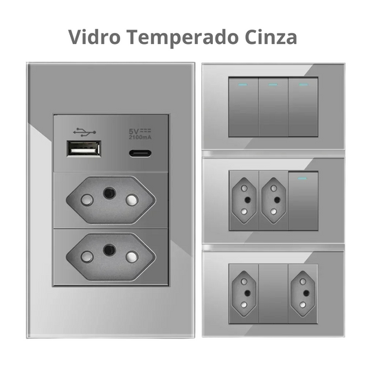 Conjunto de Interruptor 4x2 - Linha Vidro Cinza