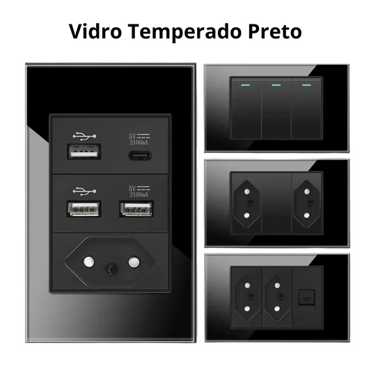Conjunto de Interruptor 4x2 - Linha Vidro Preto